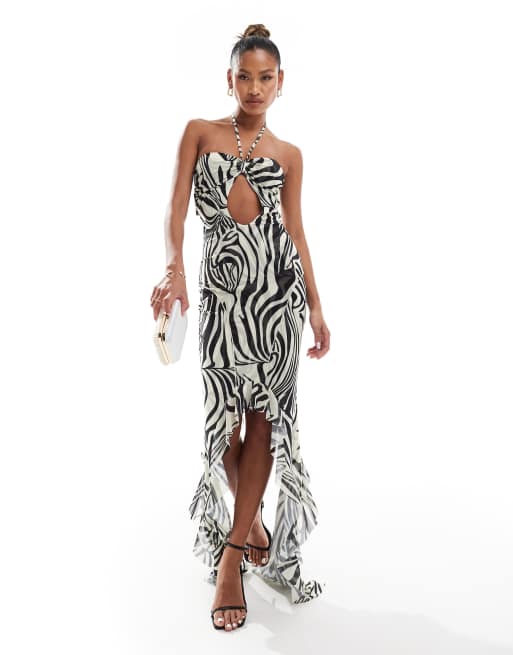 Murci - Maxikjole i mesh med zebraprint og halterneck samt keyholedetalje og høj/lav-sømkant - Kun hos ASOS