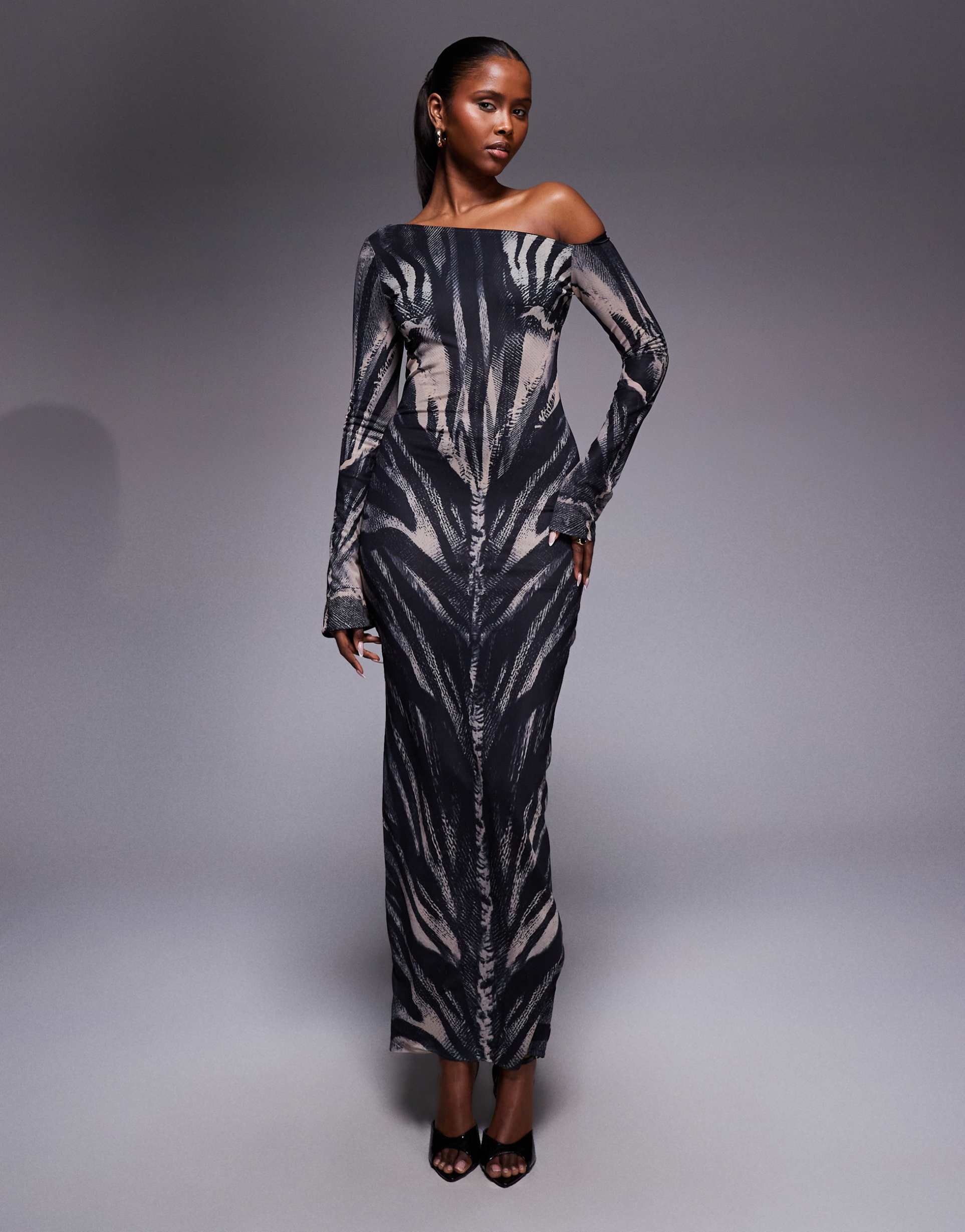 murci mesh asymmetric off-shoulder flare sleeve maxi dress in zebra print