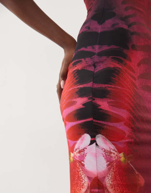 Murci mesh bandeau fishtail bodycon maxikjole med sort og lilla blomsterprint, 3 af 4