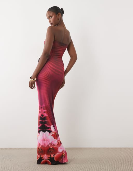 Murci mesh bandeau fishtail bodycon maxikjole med sort og lilla blomsterprint, 4 af 4