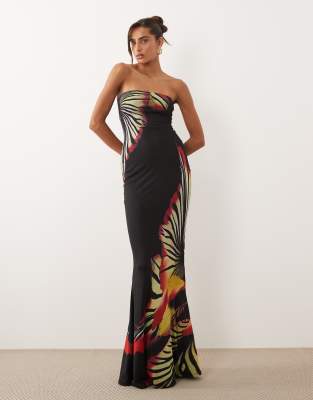 Murci Murci mesh bandeau fishtail maxi dress in black and red flower print