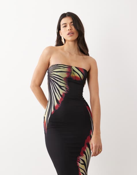 Murci mesh bandeau fishtail maxi dress in black and red flower print - view 1