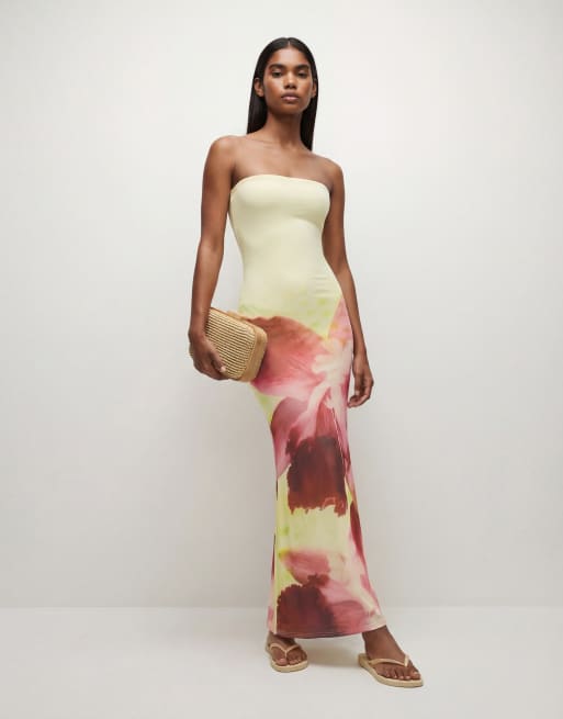 Murci mesh bandeau fishtail maxi dress in lemon and pink flower print, 9 of 11