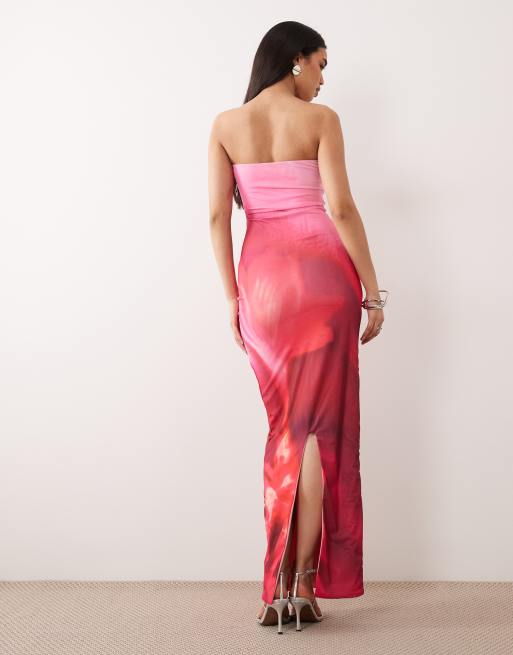 Murci mesh bandeau maxi dress in pink and red flower print, 3 of 4