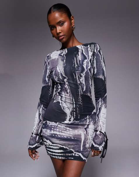 Murci mesh boat neck faux leather tie sleeve detail mini dress in black and grey abstract print - view 1