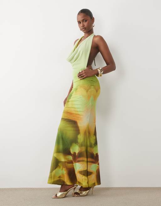 Murci mesh cowl halterneck low back fishtail maxi dress in green and yellow flower print, 2 of 4