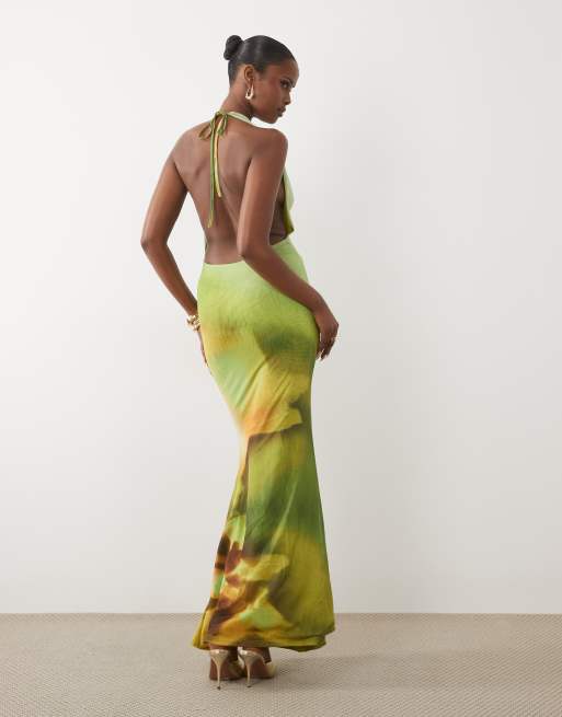 Murci mesh cowl halterneck low back fishtail maxi dress in green and yellow flower print, 4 of 4