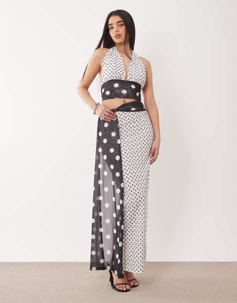 Murci mesh drape waist detail maxi skirt co-ord in contrast mono polka dot - view 1