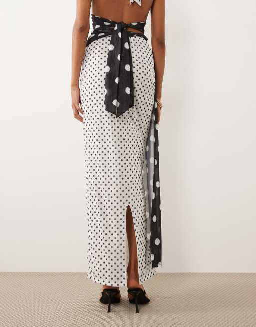 Murci mesh drape waist detail maxi skirt co-ord in contrast mono polka dot, 5 of 5
