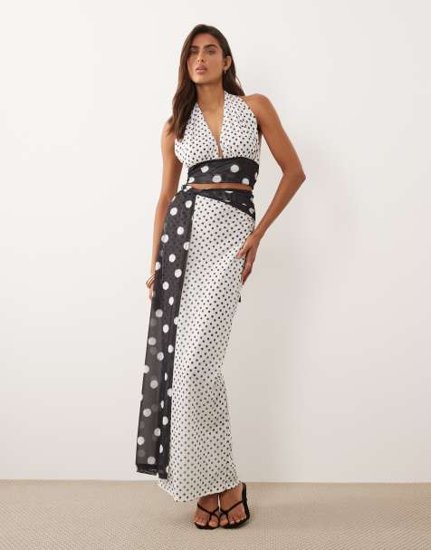 Murci mesh drape waist detail maxi skirt in contrast mono polka dot (part of a set) - view 1