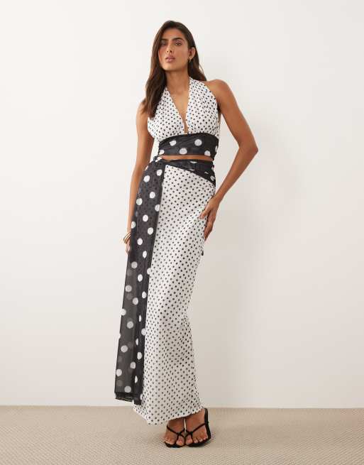 Murci mesh halterneck backless hammock top and maxi skirt set in contrast mono polka dot, 2 of 3