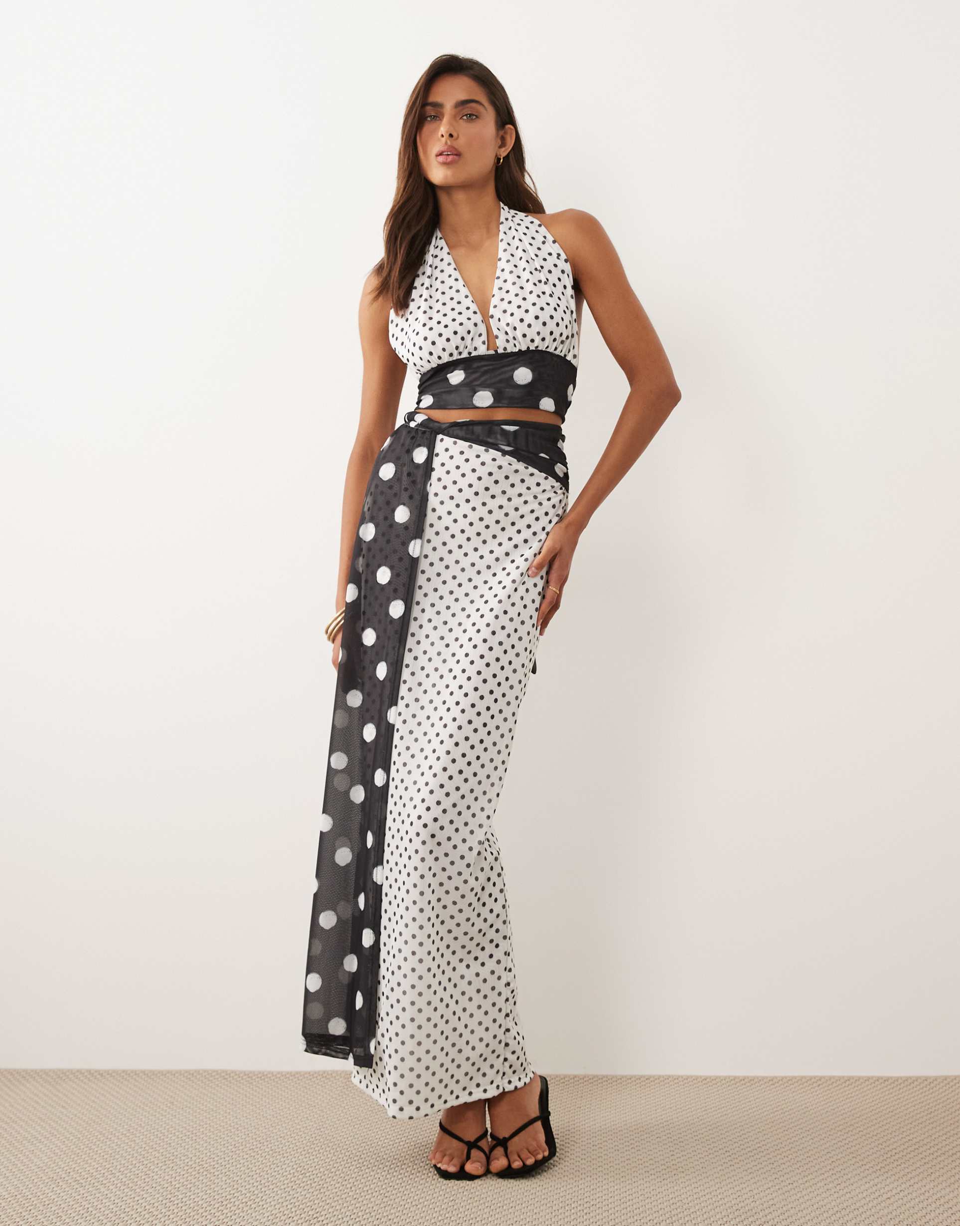 murci mesh draped waist detail maxi skirt in contrast black and white polka dots - part of a set