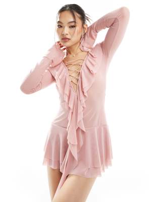 Murci Murci mesh frill detail lace up plunge ultra mini dress in pink