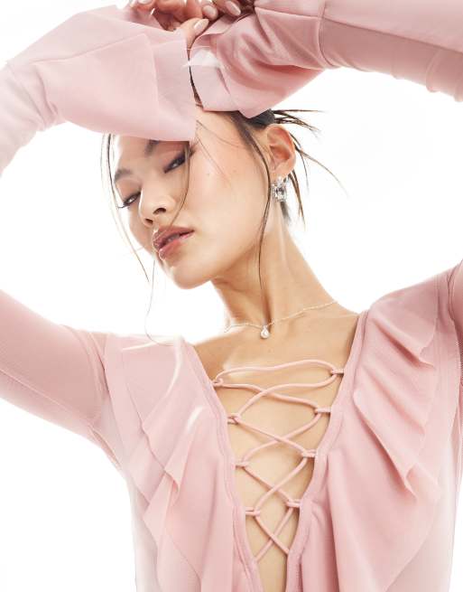 Murci mesh frill detail lace up plunge ultra mini dress in pink | ASOS