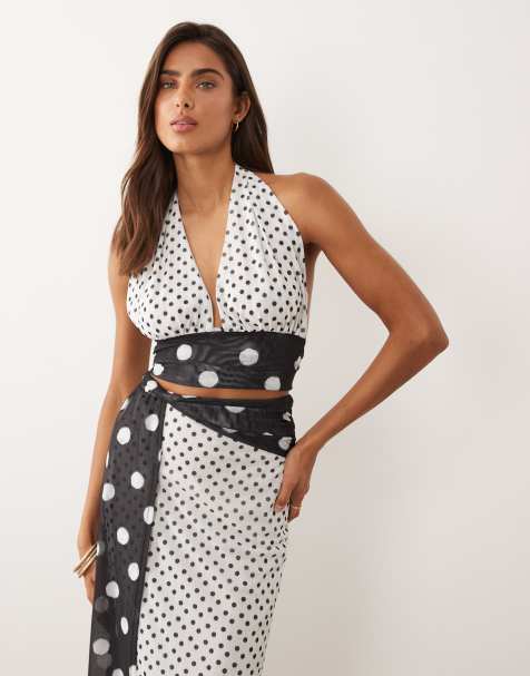 Murci mesh halterneck backless hammock top and maxi skirt co-ord in contrast mono polka dot - view 1