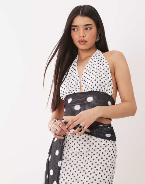 Murci mesh halterneck backless hammock top co-ord in contrast mono polka dot - view 1
