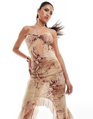 murci mesh halterneck cut out high low maxi dress in snake print