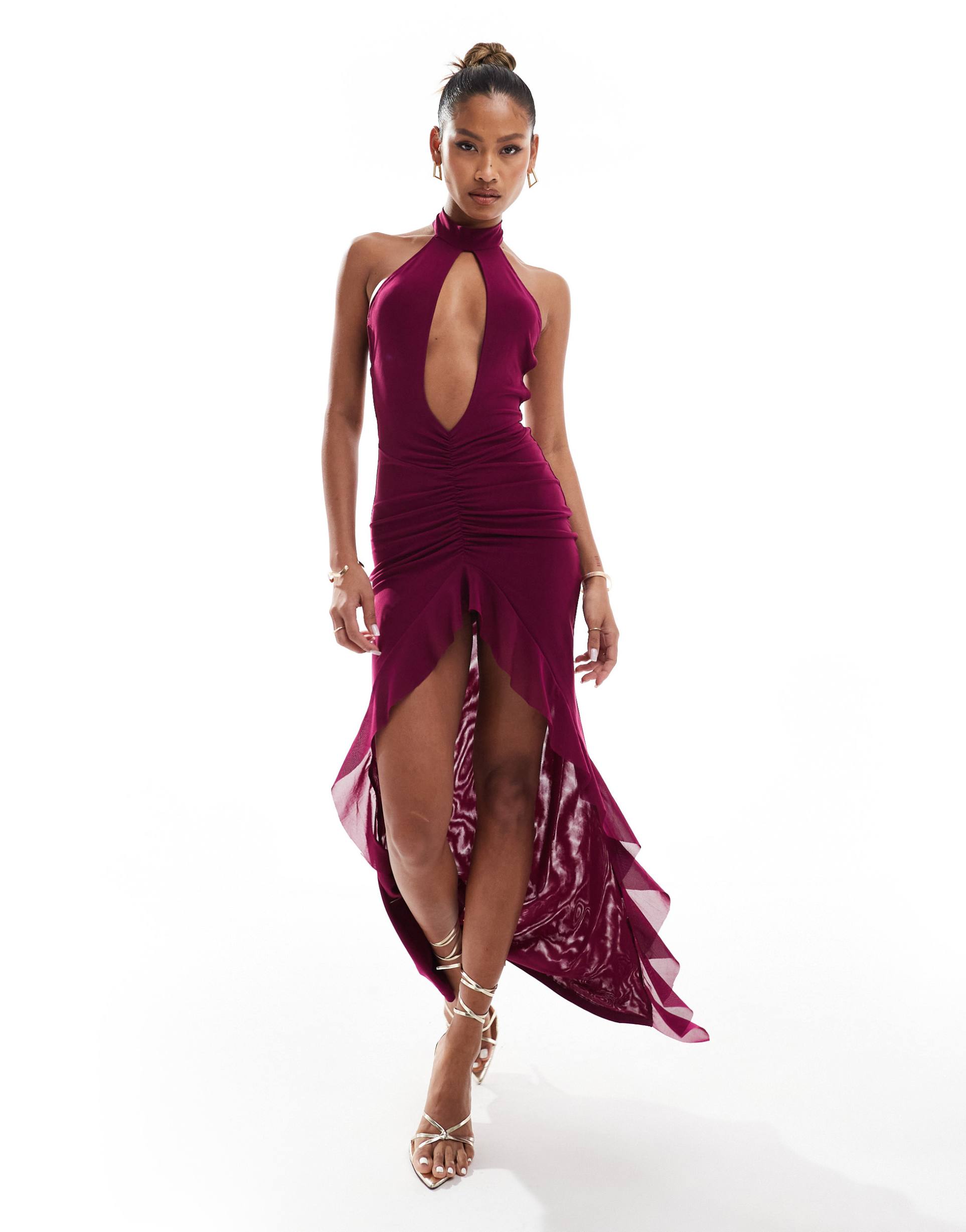 murci mesh keyhole plunge halterneck maxi dress in purple