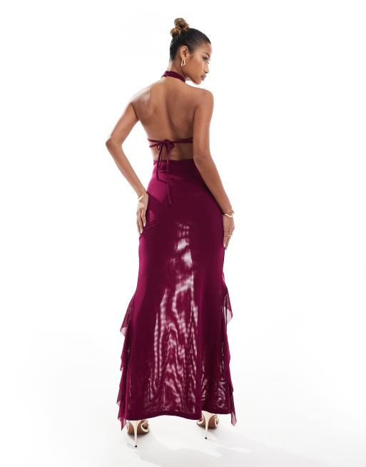 Murci mesh keyhole plunge halterneck maxi dress in purple | ASOS