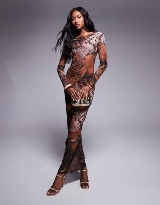 mesh long sleeve maxi dress in brown snake print-Multi