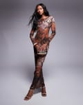 [Murci] Murci mesh long sleeve maxi dress in brown snake print-Multi 10 BROWN