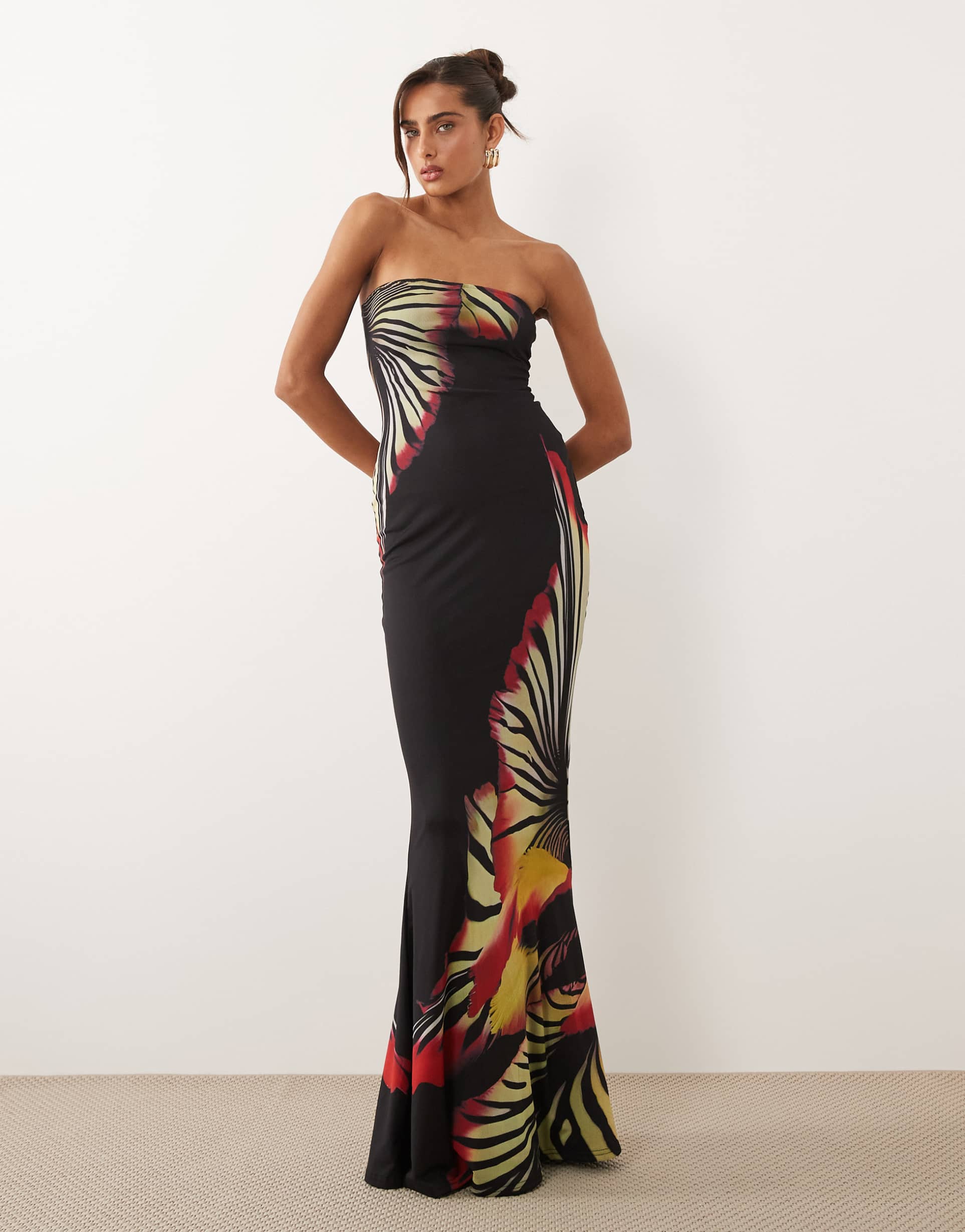 murci mesh strapless fishtail maxi dress in black and red flower print