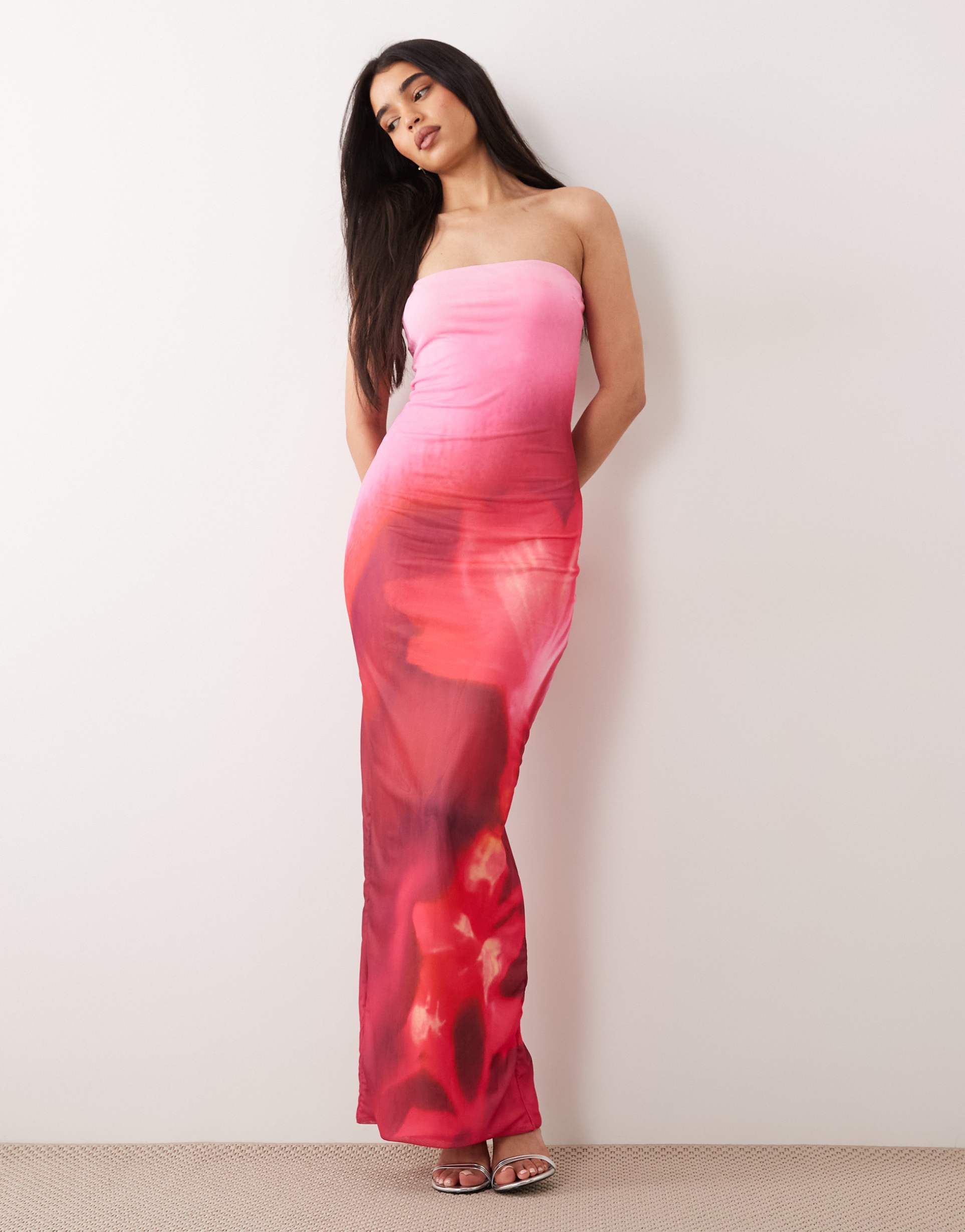 murci mesh strapless maxi dress in pink and red flower print