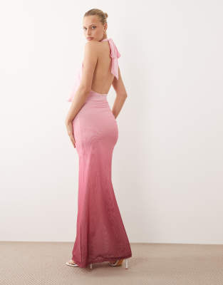 Murci mesh twist halterneck extreme cowl drape thigh split maxi dress in plum ombre