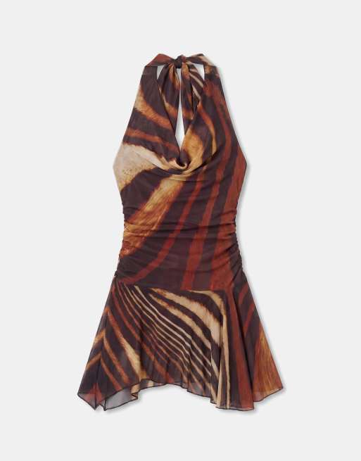 Murci Neckholder-Kleid mit Bindedetail, Wasserfallausschnitt, Raffungen und Animal-Print in Braun, 5 von 7