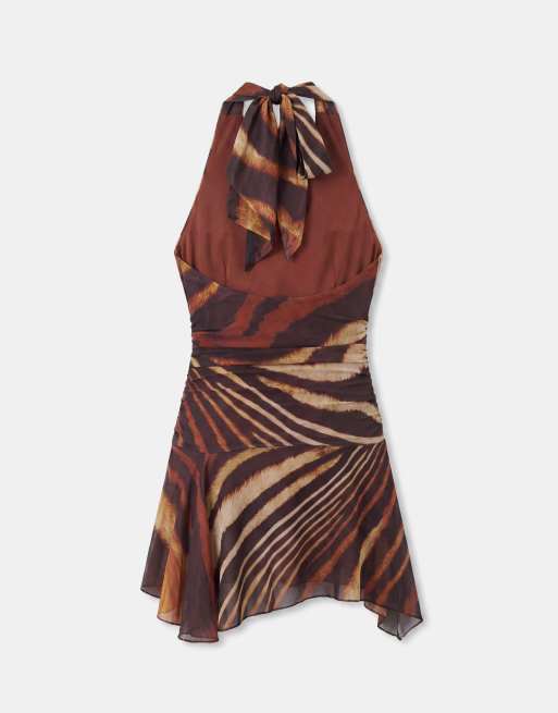 Murci Neckholder-Kleid mit Bindedetail, Wasserfallausschnitt, Raffungen und Animal-Print in Braun, 6 von 7
