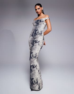 off-shoulder bodycon maxi dress in gray snake print-Multi