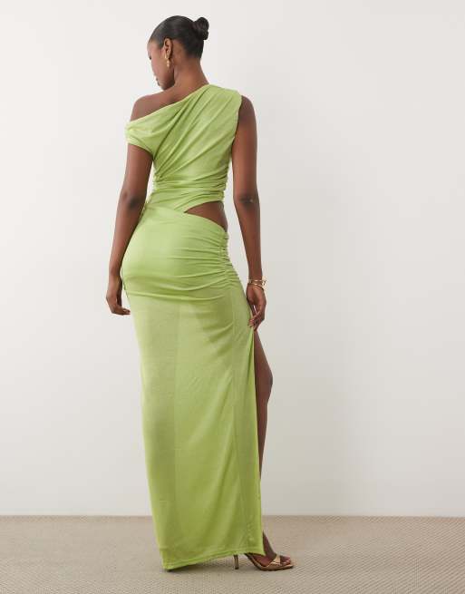 Murci offshoulder maxikjole i strik med rynkedetalje og shimmer i limegrøn, 3 af 4