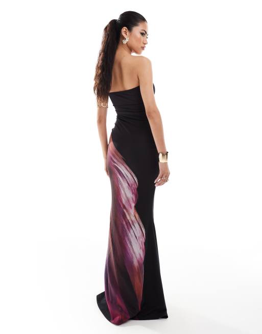 Murci - Oversized lange bandeau-jurk met feniksprint in zwart, 3 van 4