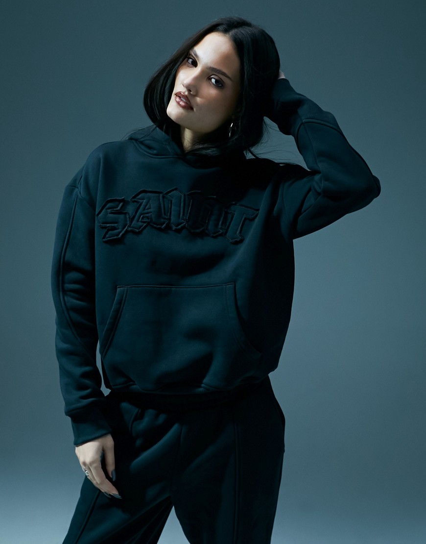 oversized saint motif hoodie in washed black - part of a set