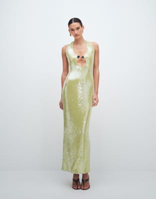 Murci - Paillettenbesetztes Neckholder-Maxikleid in Limettengrün mit Cut-out und Perlendetail