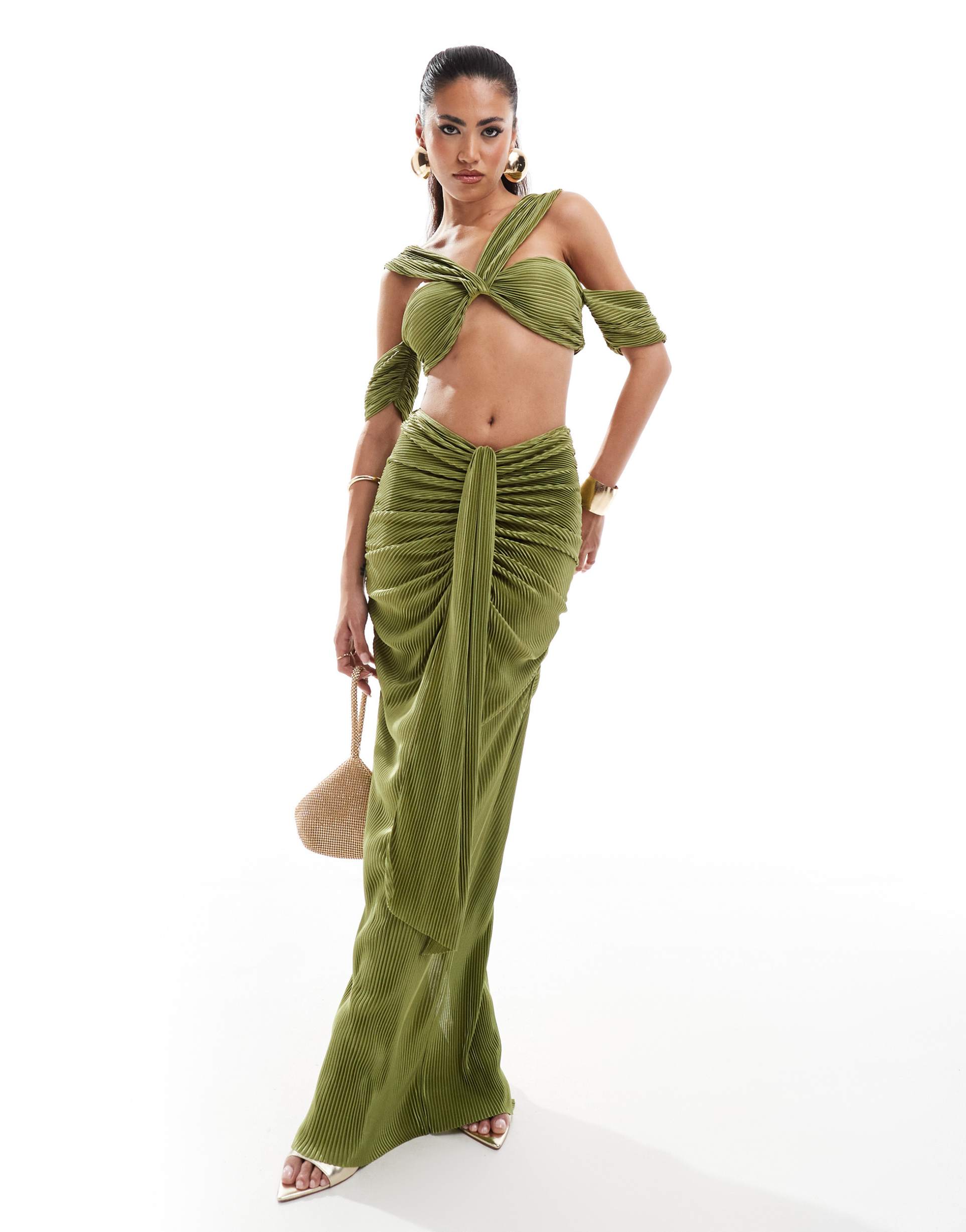 murci plisse cut out halterneck top and ruched maxi skirt set in green