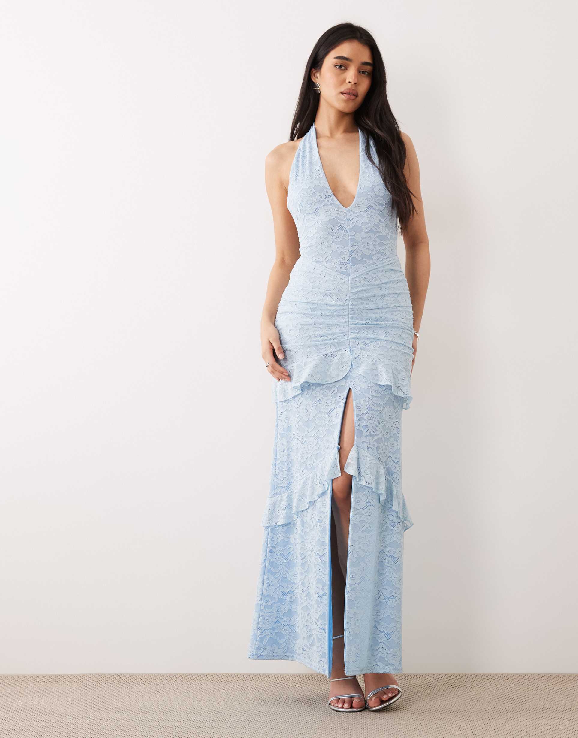 murci plunge halterneck tiered ruffle skirt lace maxi dress in baby blue