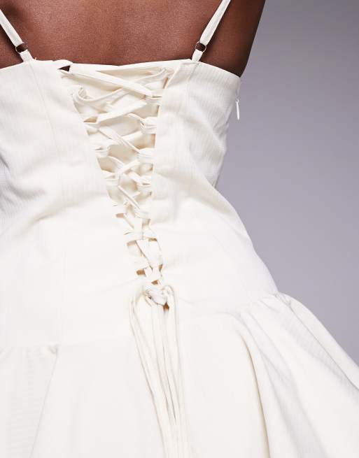 Murci plunge hook & eye ruffle hem mini dress in cream