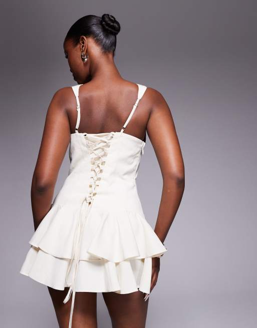Murci plunge hook & eye ruffle hem mini dress in cream