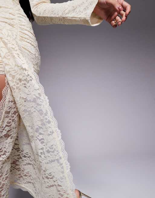 Murci plunge neck lace long sleeve draped side mini dress in off-white