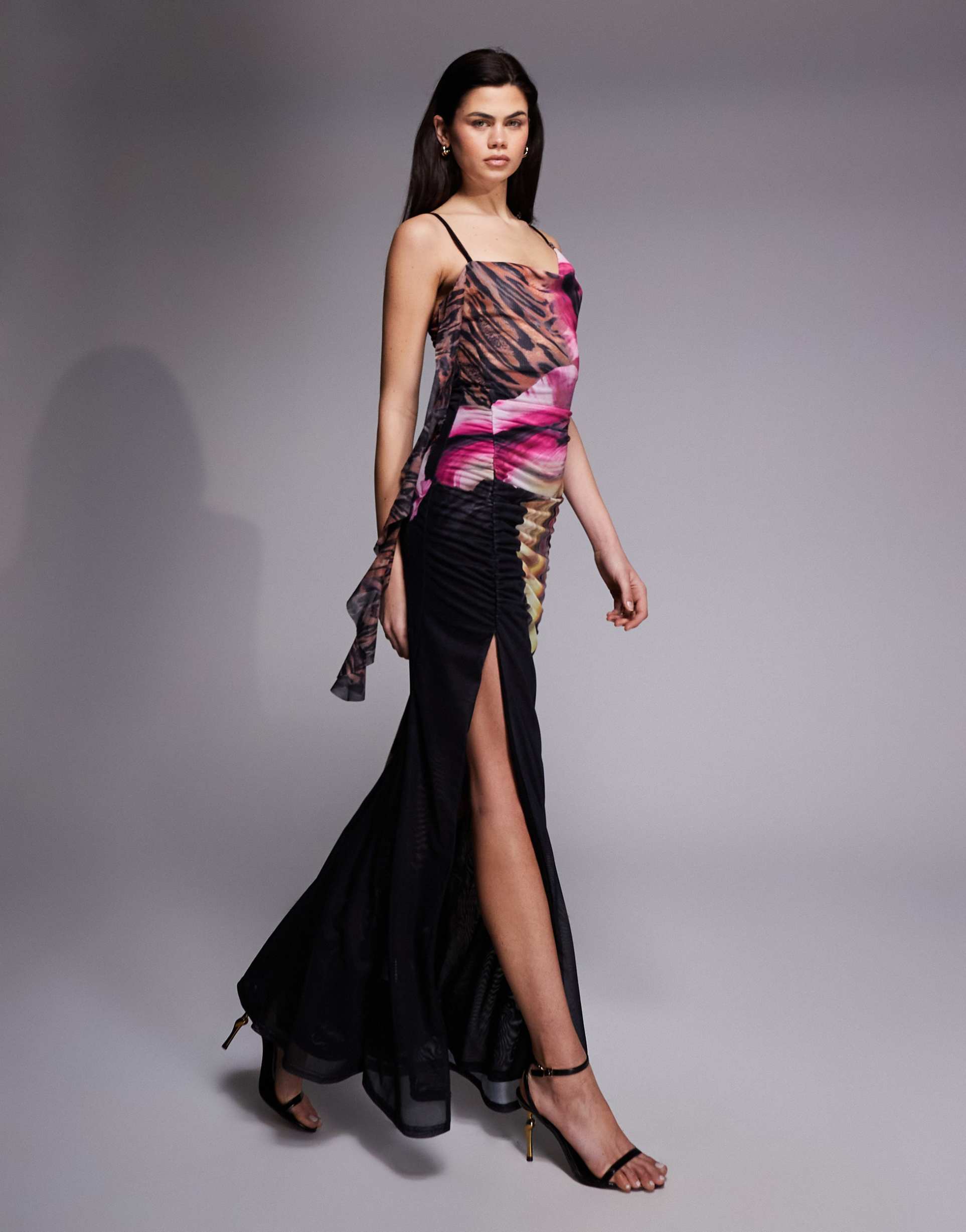 murci premium mesh cowl detail drape thigh slit maxi dress in leopard and orchid floral