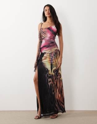 Murci premium mesh cowl detail drape thigh split maxi dress in leopard and orchid floral