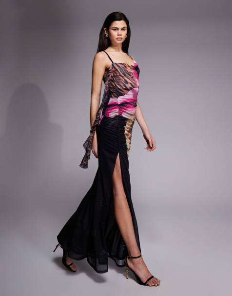 Murci premium mesh cowl detail drape thigh split maxi dress in leopard and orchid floral - view 1
