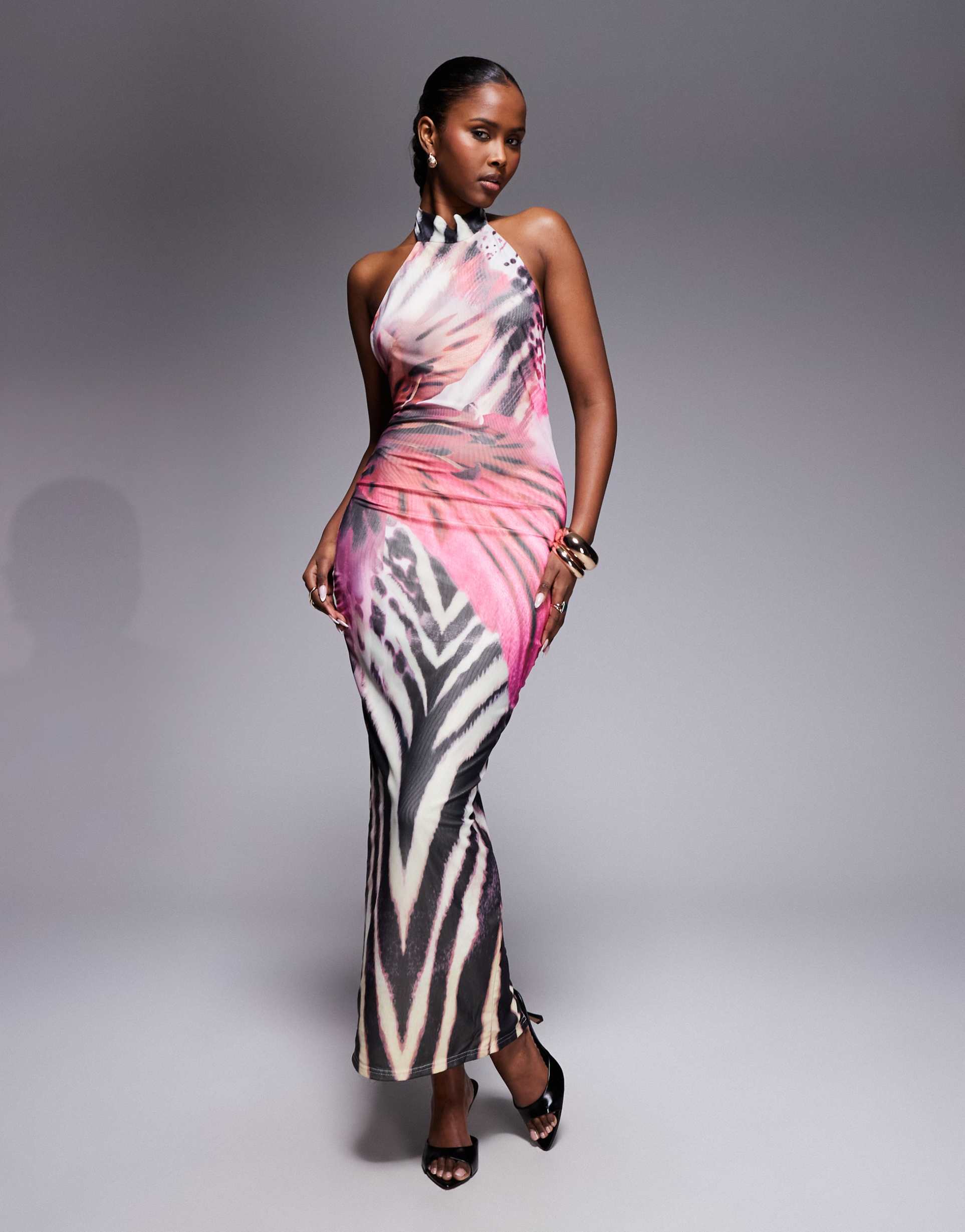 murci premium mesh halterneck high neck low back maxi dress in zebra and pink floral