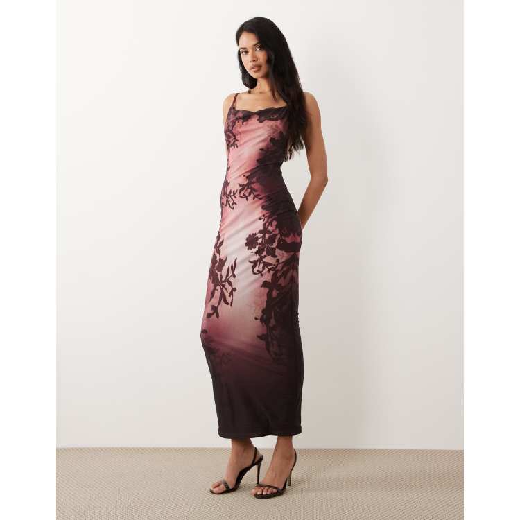Murci premium sculpting mesh cami bodycon low back maxi dress in vintage burgundy  floral | ASOS