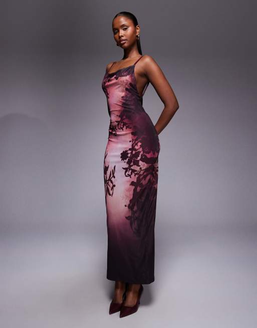 Murci premium sculpting mesh cami bodycon low back maxi dress in vintage burgundy floral