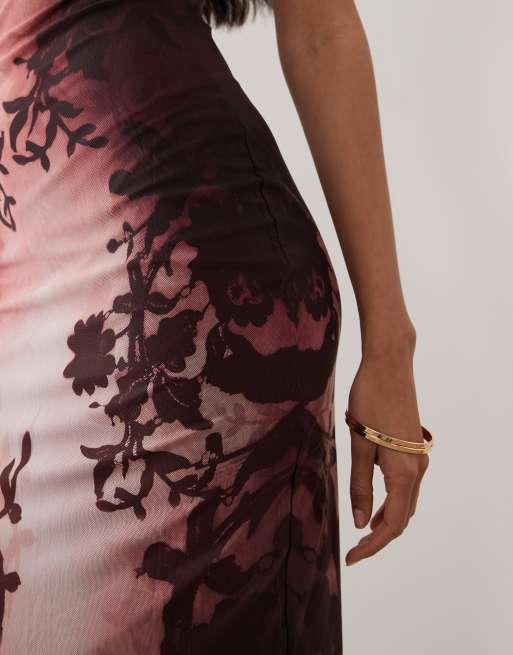 Murci premium sculpting mesh cami bodycon low back maxi dress in vintage  burgundy floral