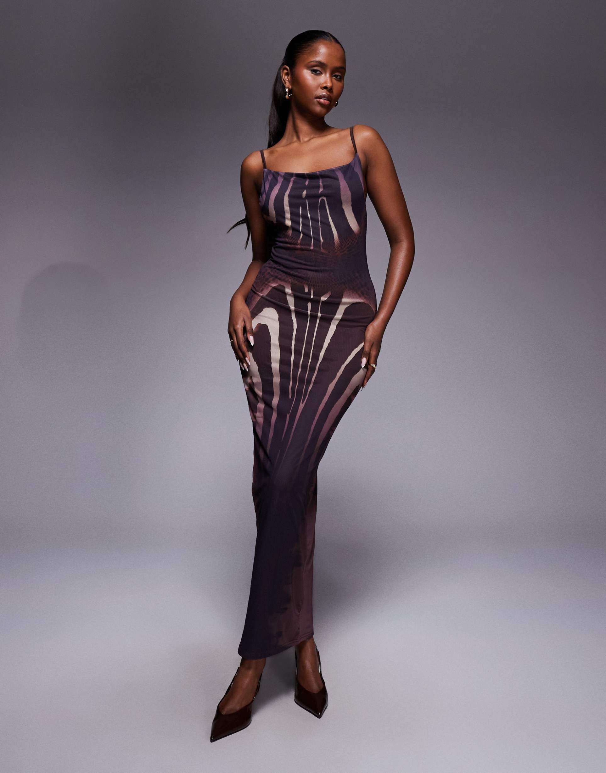 murci premium sculpting mesh scoop back bodycon maxi dress in brown animal print