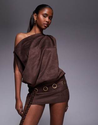 Robe courte en imitation daim avec épaules dénudées et ceinture à aillets - Chocolat-Brown 38