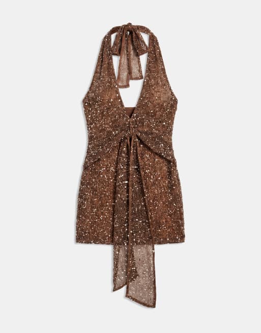 Murci - Robe courte en maille ornée de sequins avec dos nu, décolleté plongeant et taille drapée - Marron clair, 5 de 7